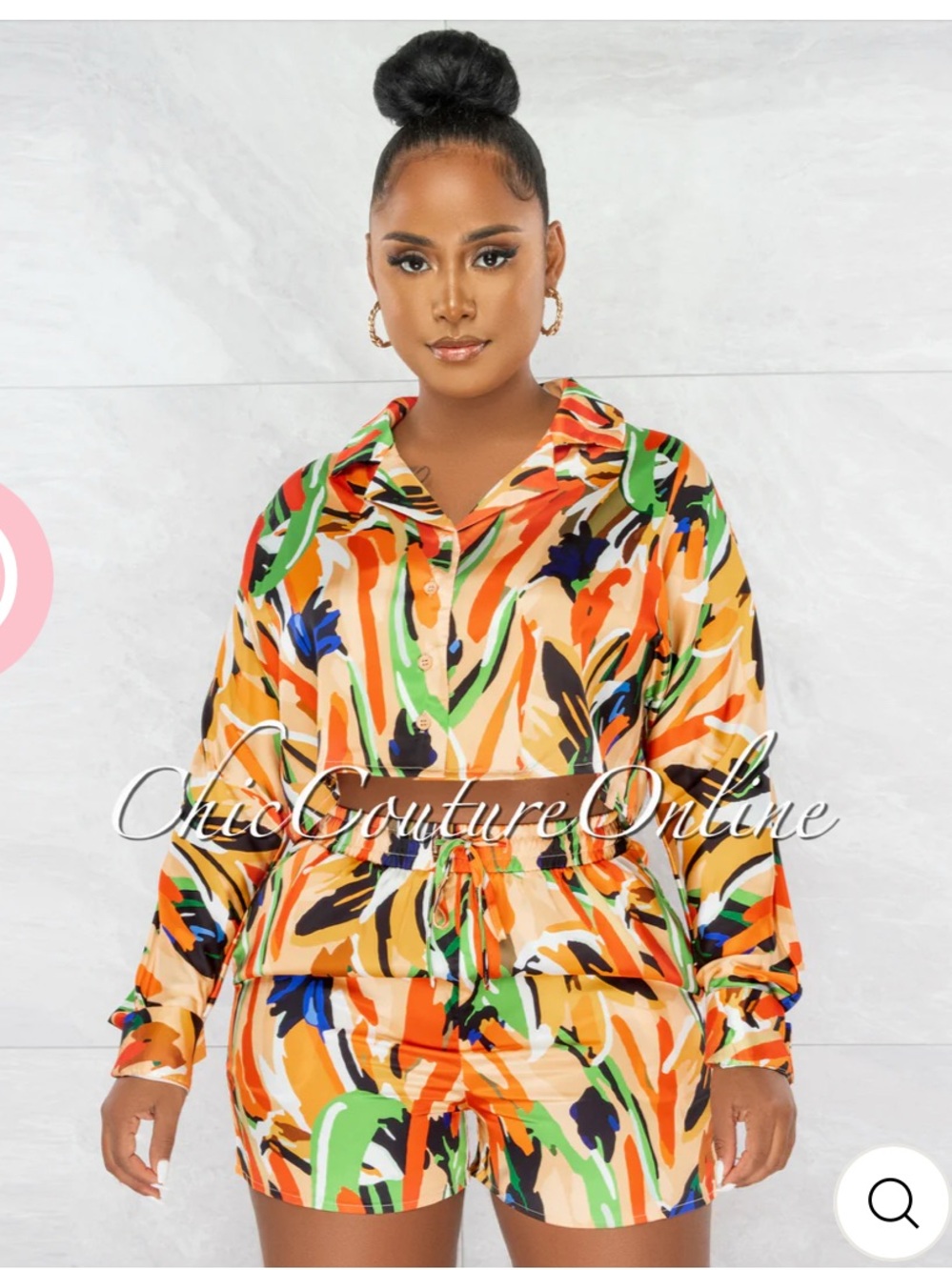 Chic Couture Online Tropical Print Button-Up Set - Orange Multi